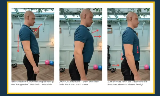 Mann korrigiert Haltung: Brustbein hoch, Bauch anspannen. Ein **growth mindset** hilft, schlechte Gewohnheiten zu überwinden und sich zu verbessern.