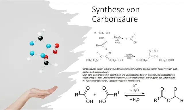 Molekülmodell einer organischen Verbindung, daneben chemische Reaktionen zur Synthese von Carbonsäuren, die eine COOH-Gruppe enthalten.