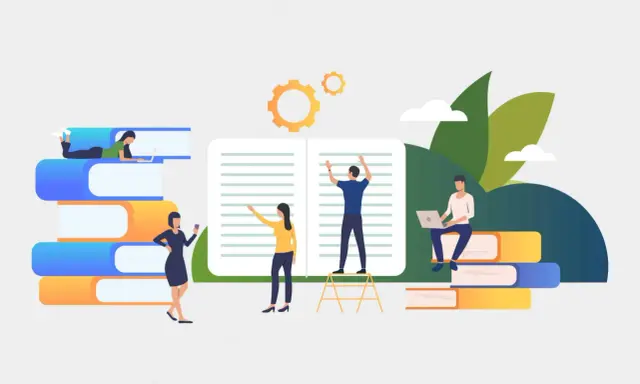 Menschen lernen und arbeiten mit Büchern und Laptops. Zahnräder und Blätter deuten auf stilistische Geräte im Lernprozess hin.