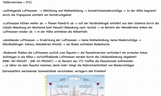 Schema des Passatkreislaufs, erklärt im Erdkunde Unterricht. Zeigt aufsteigende und absinkende Luftmassen, ITC und Passatinversion.