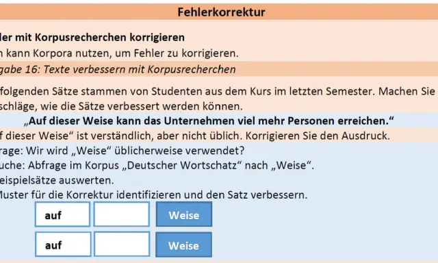 Aufgabe zur Fehlerkorrektur: Studenten sollen mit Korpusrecherchen die Wortbildung verbessern und Sätze korrigieren.