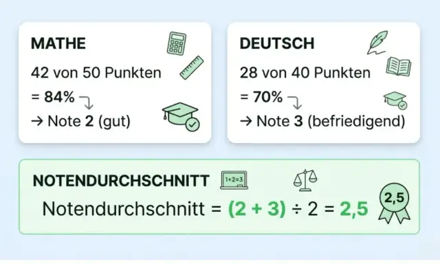 Zwei Karten zeigen Notenberechnungen für Mathe und Deutsch, darunter die Formel für den Notendurchschnitt.
