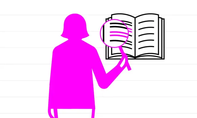 Eine pinke Silhouette einer Person hält eine Lupe über ein offenes Buch mit markierten Zeilen.