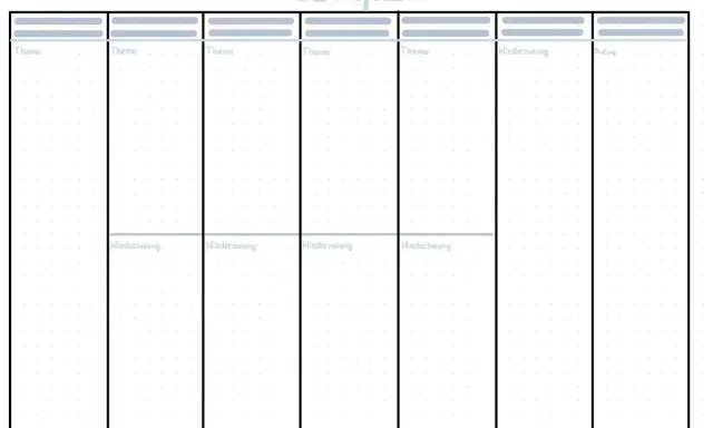 Leeres Raster zum Erstellen eines Lernplans mit Spalten für Themen, Wiederholung und Prüfung.