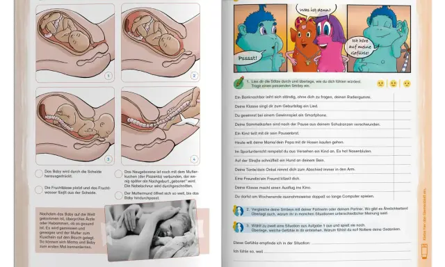 Bilder zeigen die Geburt eines Babys. Ein Kind lernt Gefühle kennen in der sexualkunde klasse 8.