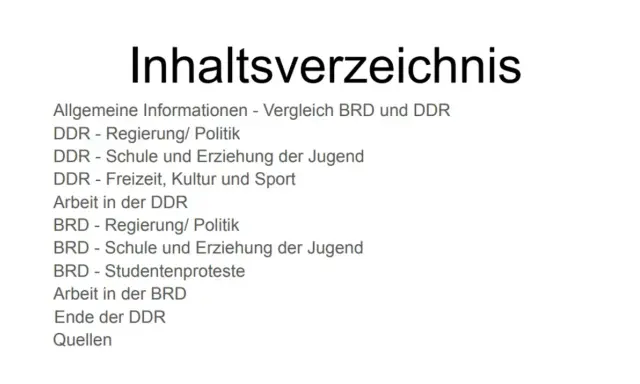 Inhaltsverzeichnis mit Vergleich von BRD und DDR, Themen wie Politik, Schule, Arbeit und Studentenproteste werden beleuchtet.