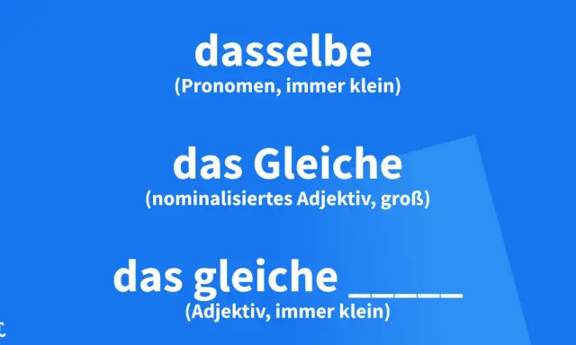 Drei deutsche Ausdrücke: "dasselbe" (Pronomen), "das Gleiche" (nominalisiertes Adjektiv) und "das gleiche" (Adjektiv).