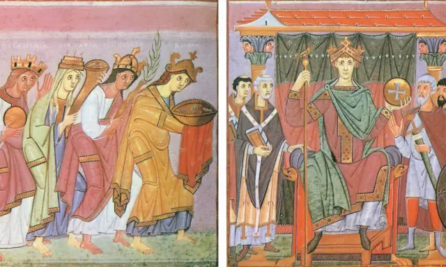 Darstellung der Herrschaft im Mittelalter: Eine Prozession von Frauen mit Kronen und Gaben nähert sich einem Thron, auf dem ein König mit Krone und Reichsapfel sitzt.