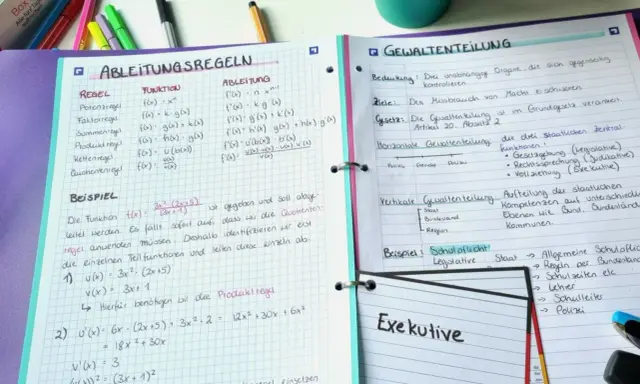 Ein Spickzettel mit Mathe-Formeln zur Ableitung und zum Thema Gewaltenteilung.