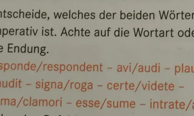 Aufgabe 2a: Finde den **Imperativ latein**! Achte auf Wortart und Endung bei: responde/respondent, avi/audi, plaudite/plaudit, signa/roga, certe/videte, clama/clamori, esse/sume, intrate/ante.