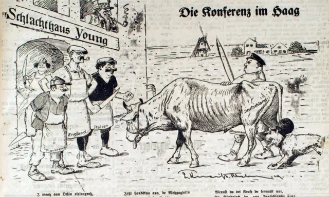 Karikatur: "Schlachthaus Young" zeigt Deutschland als Rind, das von Stresemann und anderen Nationen bedrängt wird. Ein junger Plan zur Konferenz in Den Haag.