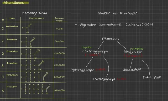 Die homologe Reihe der Alkansäuren zeigt Methansäure bis Hexansäure mit ihren Strukturen und Summenformeln. Die allgemeine Formel ist CnH2n+1COOH.