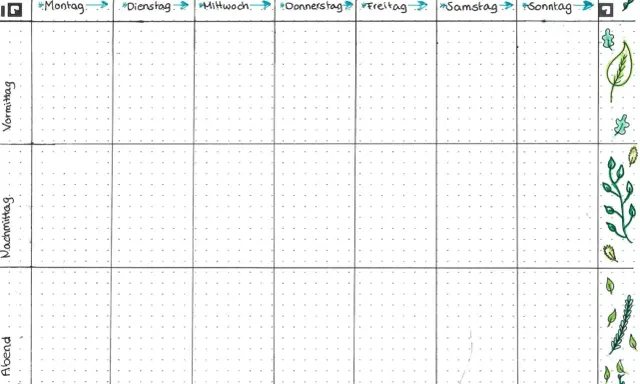 Ein Wochenplan-Layout mit Feldern für jeden Tag und Tageszeiten (Vormittag, Nachmittag, Abend). Ideal, um zu planen, wie erstelle ich einen lernplan.