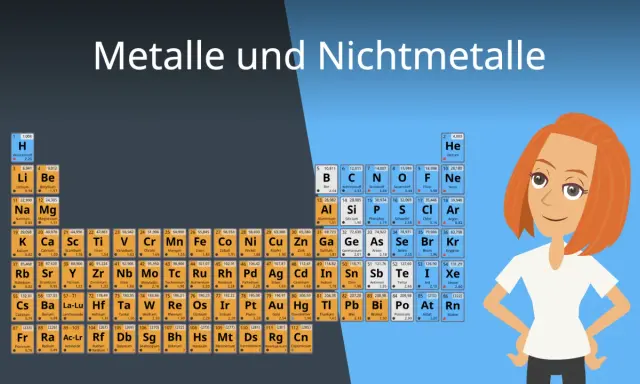 Eine Frau steht vor dem Periodensystem, das Metalle und Nichtmetalle zeigt.