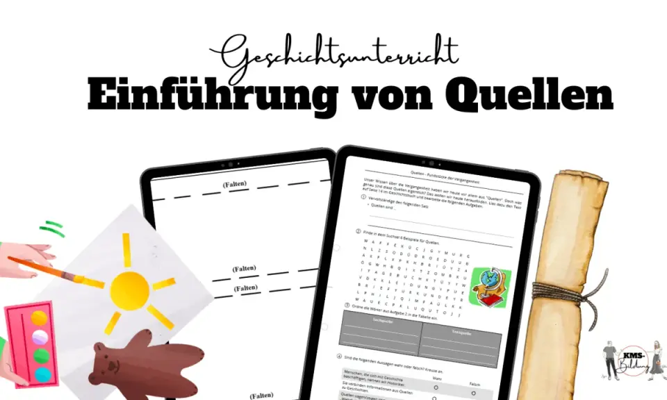 Geschichtsunterricht: Einführung von Quellen. Bild zeigt Tablets mit Aufgaben zur Quellenanalyse Geschichte, Malutensilien und eine Schriftrolle.