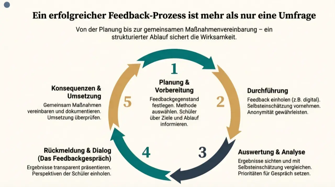 Kreislauf für effektive Feedback-Methoden im Unterricht: Planung, Durchführung, Auswertung, Rückmeldung & Dialog, Umsetzung.