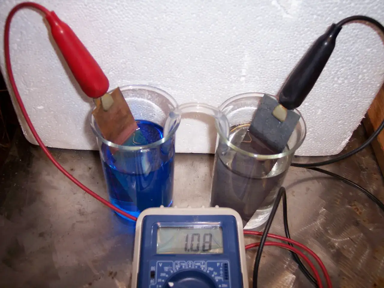Zwei Bechergläser mit Flüssigkeiten, verbunden durch eine Brücke. Ein Kupfer- und ein Kohle-Daniell-Element mit einem Multimeter, das 1,08 Volt anzeigt.