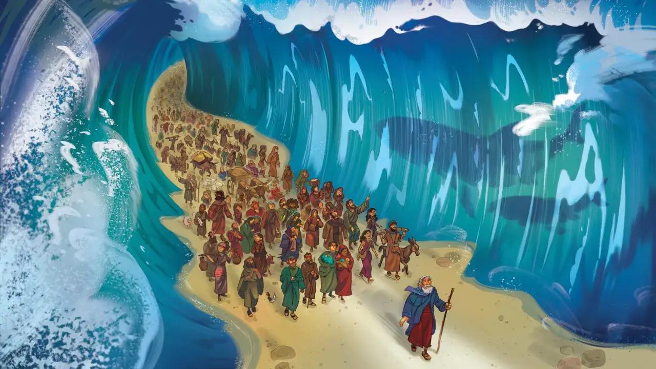 Die geschichte Moses in kurzform: Moses führt sein Volk durch das geteilte Meer, während riesige Wellen zu beiden Seiten aufsteigen.