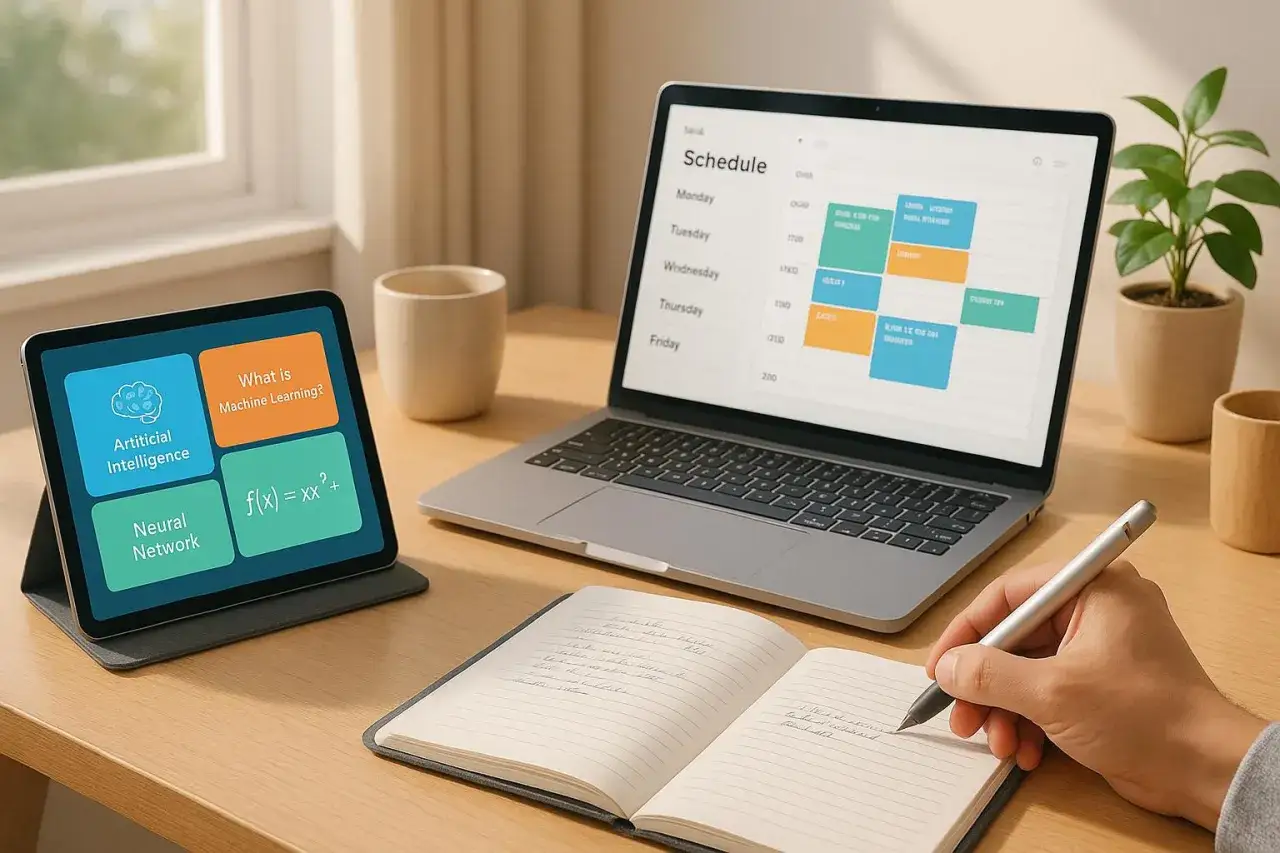 Ein Tablet zeigt KI-Konzepte, ein Laptop einen Zeitplan. Effektive Lernmethoden für digitale Bildung.