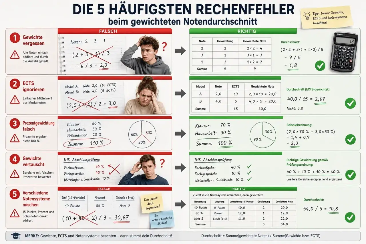 Grafik zeigt 5 häufige Fehler bei der Berechnung von Noten, wie man Gewichte, ECTS und Notensysteme beachtet.