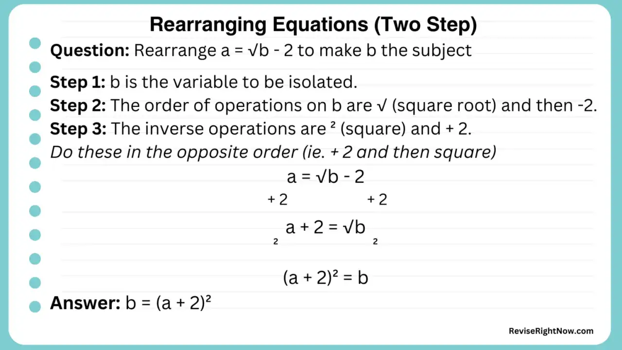 Schritt-für-Schritt-Anleitung zum Umstellen der Formel a = √b - 2, um b zu isolieren. Die Lösung zeigt, wie man die Gleichung durch Addition von 2 und anschließendes Quadrieren umstellt.