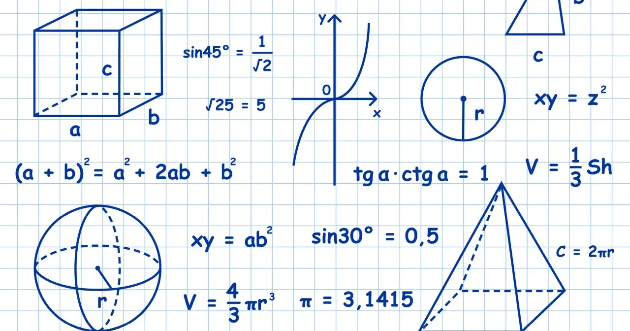 Geometrische Figuren und Formeln, die das Konzept des Umfangs veranschaulichen, wie Kreisformeln und die Berechnung von Seitenlängen.