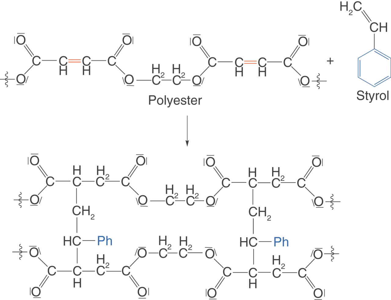 Polyester reagiert mit Styrol durch Polykondensation zu einem neuen Polymer mit Benzolringen.
