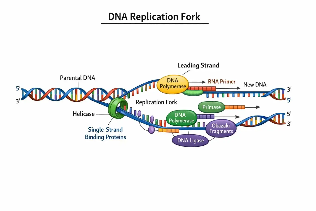 Die DNA-Replikationsgabel zeigt, wie DNA-Polymerase neue DNA-Stränge synthetisiert, während Helicase die Doppelhelix entwirrt.