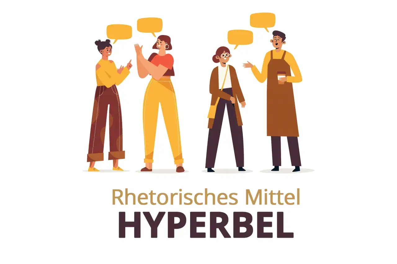 Vier Personen im Gespräch, über ihnen Sprechblasen. Das Bild illustriert das rhetorische Stilmittel Hyperbel.