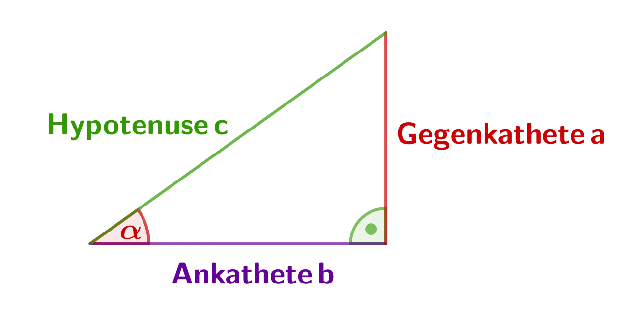Rechtwinkliges Dreieck mit beschrifteten Seiten: Hypotenuse c, Gegenkathete a, Ankathete b. Ein Winkel ist mit α markiert. Grundlagen der Trigonometrie.