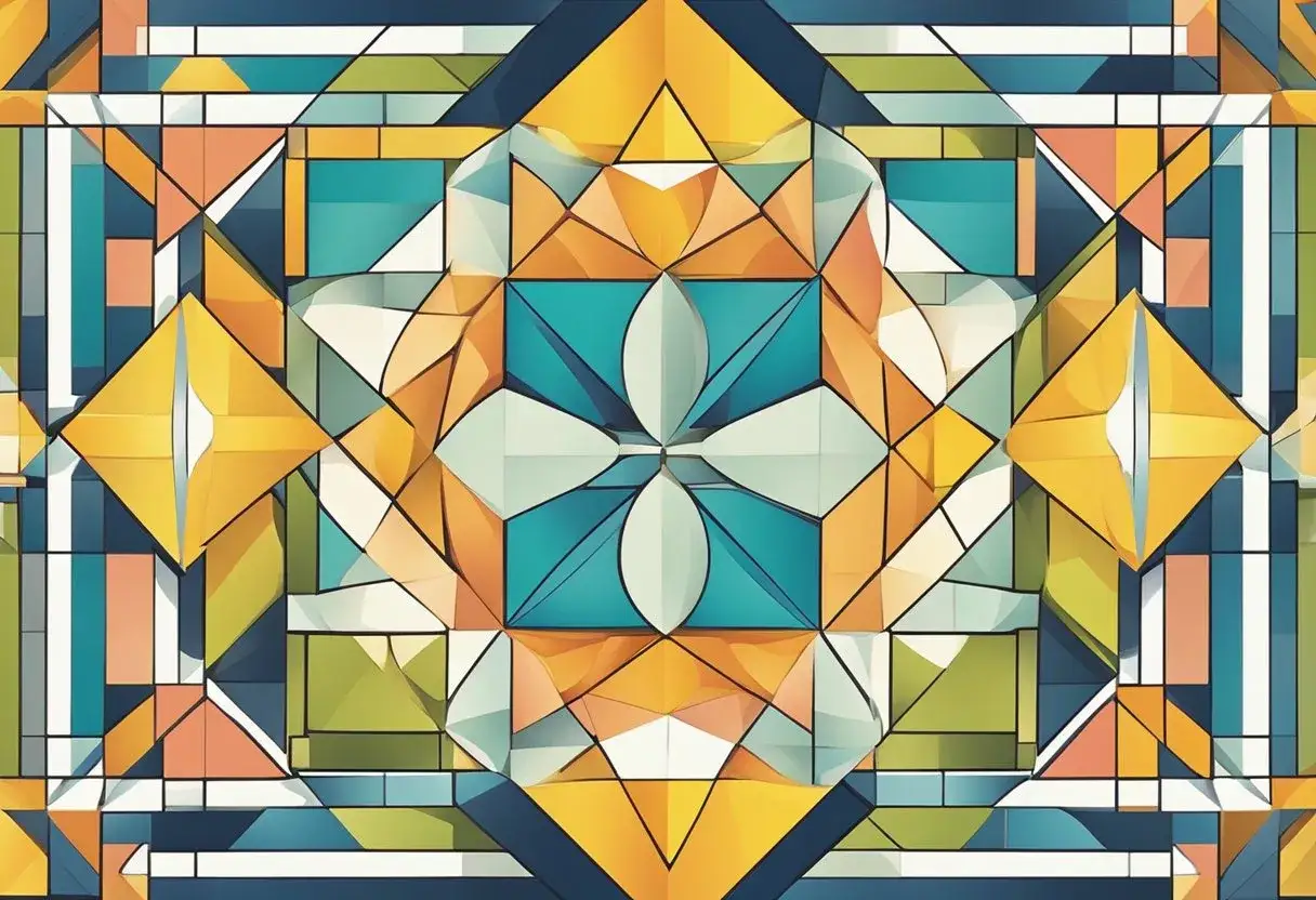 Abstraktes Muster mit leuchtenden Farben und perfekter Symmetrie. Geometrische Formen wie Quadrate, Dreiecke und Rechtecke bilden ein komplexes, facettenreiches Design.