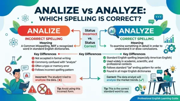 Die Infografik erklärt die korrekte Schreibweise "analyze" im Gegensatz zu "analize". Sie zeigt, wie man Wörter analysiert.
