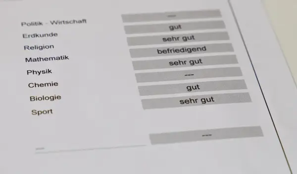 Zeugnis mit Fächern wie Mathematik und Physik. Was ist eine 3+? Hier sind Noten wie "gut" und "sehr gut" aufgeführt.