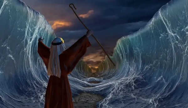 Moses teilt das Meer, um sein Volk zu retten. Die Geschichte Moses in Kurzform, ein Wunder der Natur.