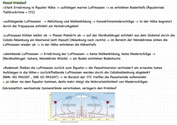 Schema des Passatkreislaufs, erklärt im Erdkunde Unterricht. Zeigt aufsteigende und absinkende Luftmassen, ITC und Passatinversion.