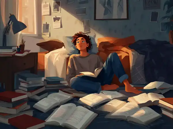 Ein junger Mann sitzt inmitten von Büchern, vertieft in seine Lektüre. Das warme Licht der Abendsonne beleuchtet den Raum, während er sich auf das Lernen konzentriert, fast wie im **gerondif französisch**.