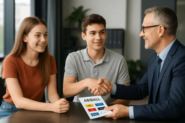 Zwei lächelnde Schüler und ein Geschäftsmann schütteln sich die Hände. Sie besprechen die Abiball Sponsoren, die auf einem Flyer abgebildet sind.