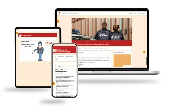 Drei Bildschirme zeigen eine Website über den Zoll-Einstellungstest mit Zollbeamten und einer Illustration.