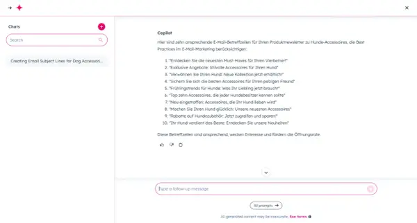 KI-Copilot schlägt zehn E-Mail-Betreffzeilen für Hunde-Accessoires vor, um die Öffnungsrate zu steigern.