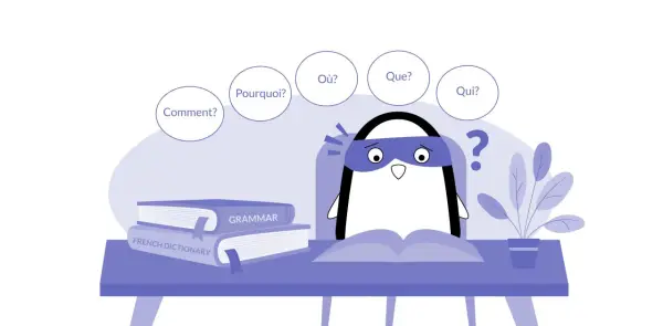 Ein Pinguin lernt Französisch. Er ist verwirrt über die inversionsfrage französisch, wie "Comment?", "Pourquoi?", "Où?", "Que?" und "Qui?".