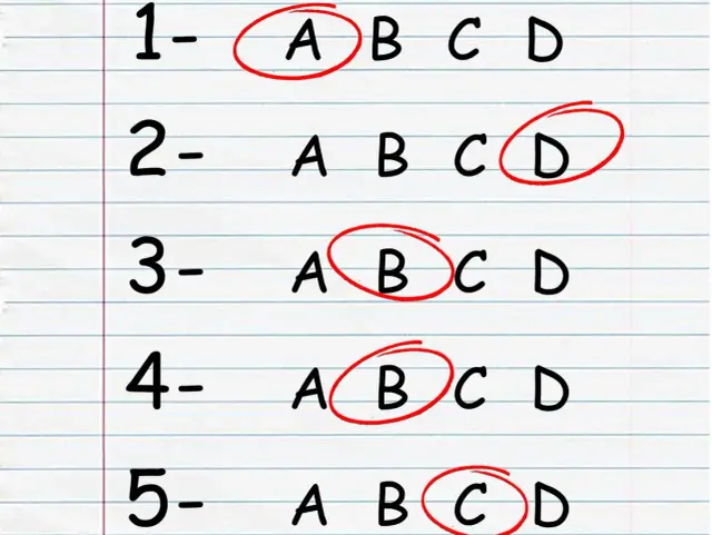Liste mit nummerierten Fragen und Antwortmöglichkeiten (A, B, C, D). Einige Antworten sind rot eingekreist, was die Bedeutung der Noten verdeutlicht.