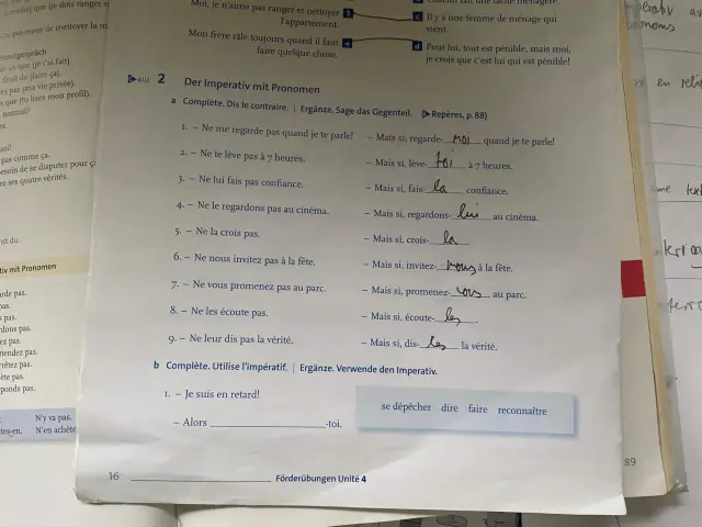 Französische Sätze mit unverbundenen Personalpronomen. Übung zum Imperativ mit Pronomen.