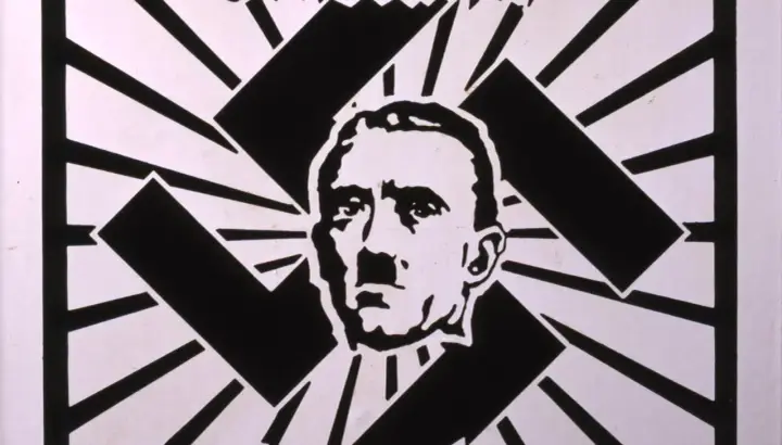 Porträt von Hitler vor einem Hakenkreuz, hart wie Kruppstahl.