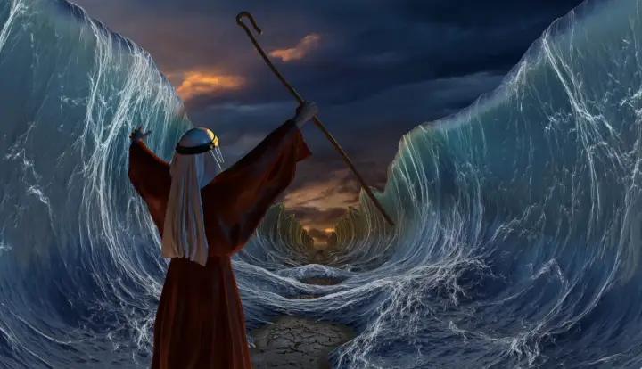 Moses teilt das Meer, um sein Volk zu retten. Die Geschichte Moses in Kurzform, ein Wunder der Natur.