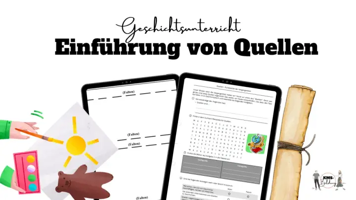 Geschichtsunterricht: Einführung von Quellen. Bild zeigt Tablets mit Aufgaben zur Quellenanalyse Geschichte, Malutensilien und eine Schriftrolle.