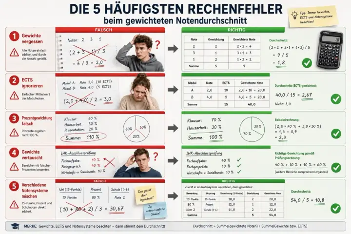Grafik zeigt 5 häufige Fehler beim Berechnen von Noten. Lerne, wie berechnet man Noten richtig, indem man Gewichte, ECTS und Notensysteme beachtet.