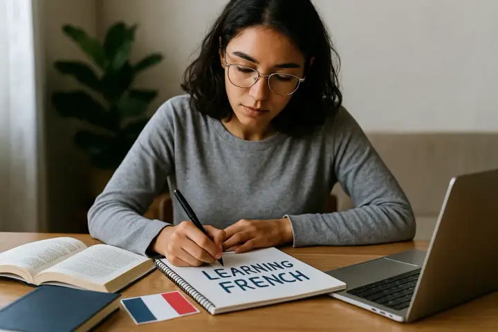 Eine junge Frau lernt nach und nach französisch. Drei Wörter stehen auf ihrem Notizbuch: "Learning French".