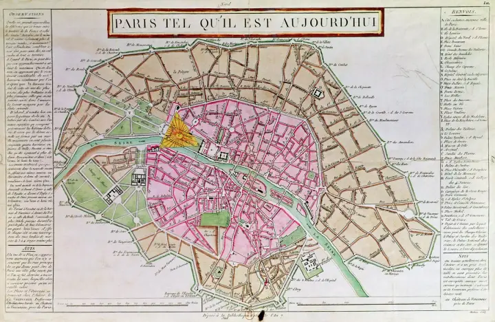 Alte Karte von Paris, welche die Stadt im heutigen Zustand zeigt. Ein gelber Bereich hebt einen Teil der Stadt hervor, dessen genaue Bedeutung unklar ist, aber er ist ein zentraler Punkt auf der Karte.