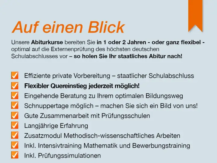 Abiturkurse für Ihren erfolgreichen Abschluss: flexibel, effizient, mit Beratung und Erfahrung. Holen Sie Ihr staatliches Abitur nach!