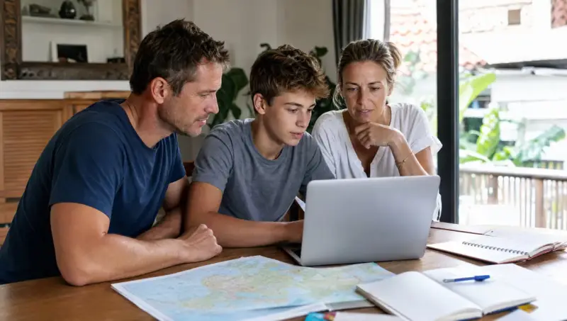 Familie plant mit Laptop und Karte. Vielleicht suchen sie nach einem Privatlehrer statt Schule in Deutschland.
